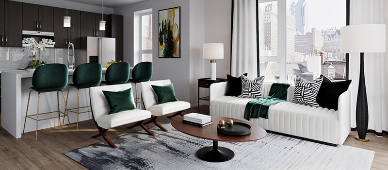 Virtually Staged Neutral Living Room with Emerald Accents