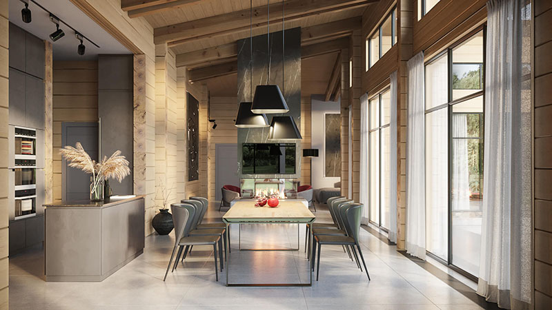 A Digitally Staged and Edited Open Kitchen with a Dining Area