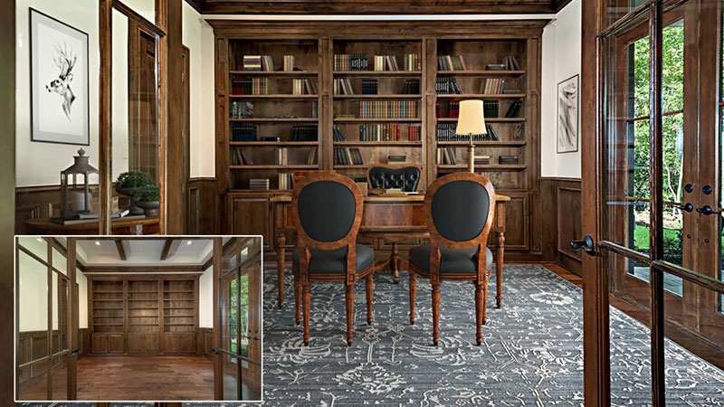 A Virtually Staged Library with Traditional Furniture Set 