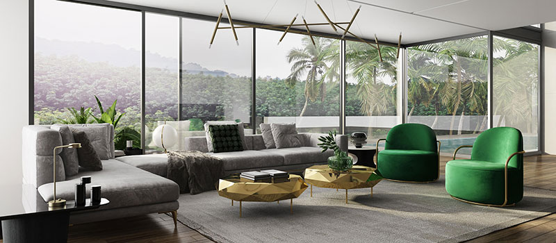 A Virtually Staged Living Room with Green Accents