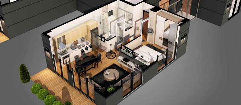 A Cut-Out Floor Plan with Virtual Staging for a Small Flat