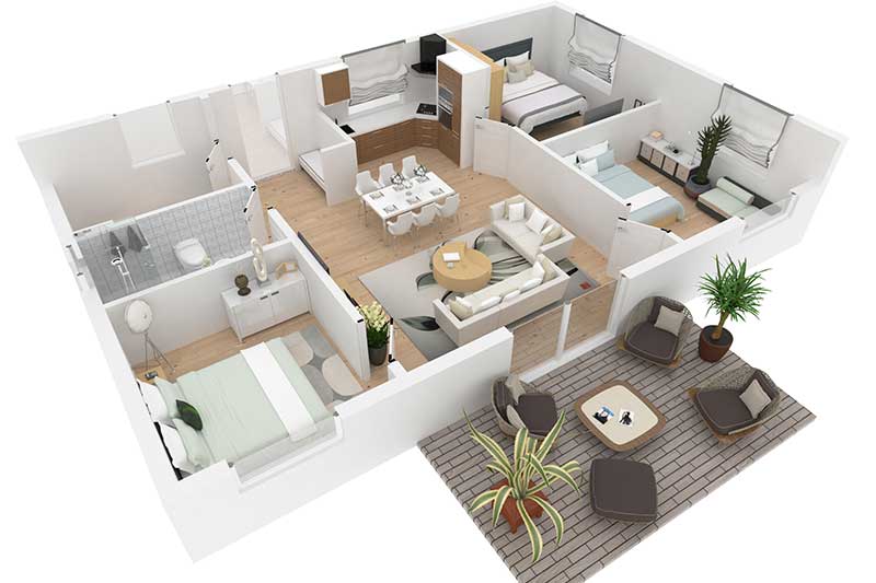 Virtually Staged 3D Plan of a Dwelling With a Terrace