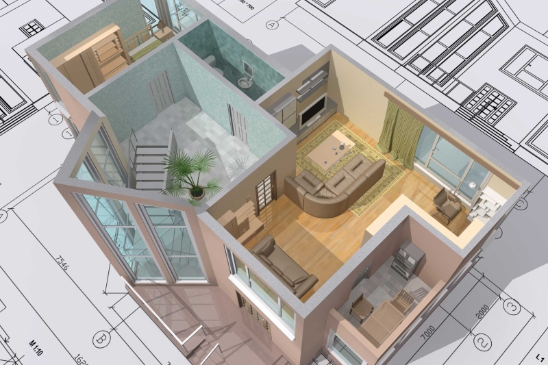 A 3D Plan with Virtual Staging Standing on Top of a 2D Draft