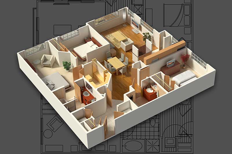 A Virtually Staged Floor Plan with a 2D Draft on the Background