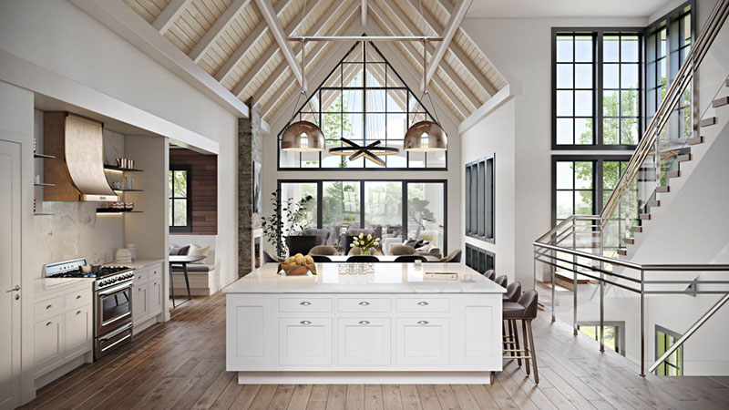 An Open Kitchen Staged with Various Furniture Pieces and Accessories