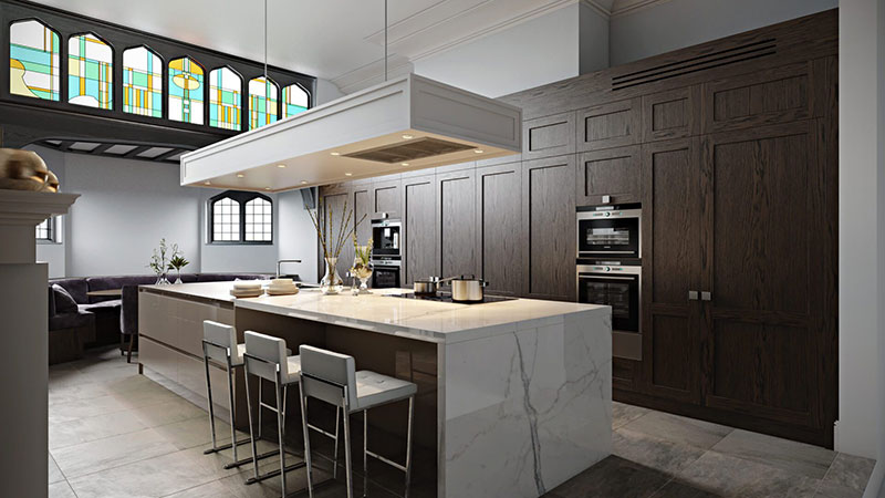 Kitchen CG Staging With Contrasting Wood and Stone