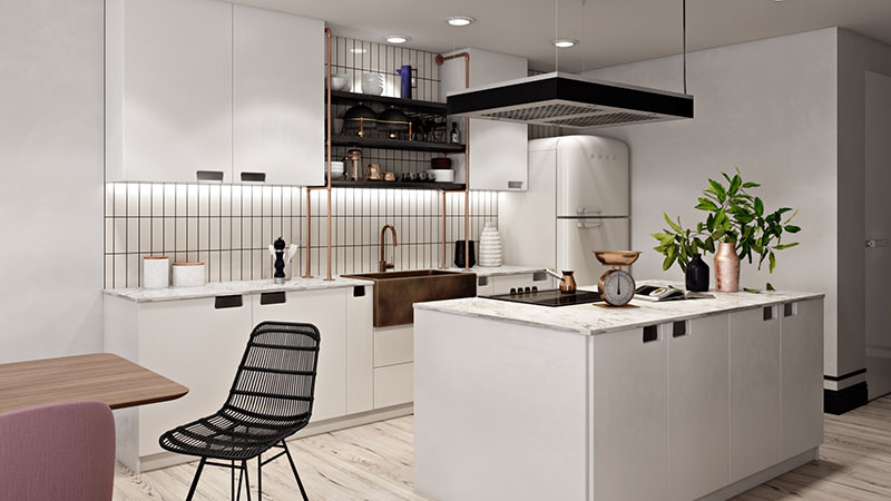 A Modern Kitchen Staged in a Mid-Century Style