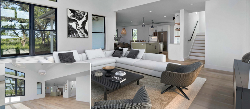 A Collage of Images Before and After Virtual Staging for a House Without Furniture