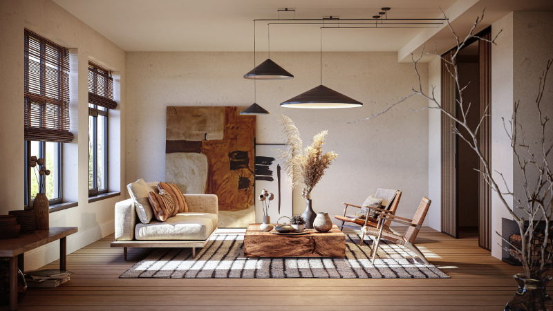 A Staged Living Room in a Japandi Interior Style with Suitable Furniture and Decor