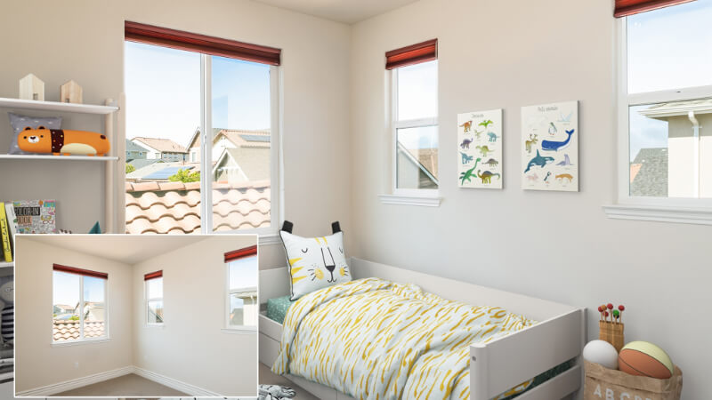 A Photoreal 3D Rendering of Before and After Virtual Staging of a Kids’ Room